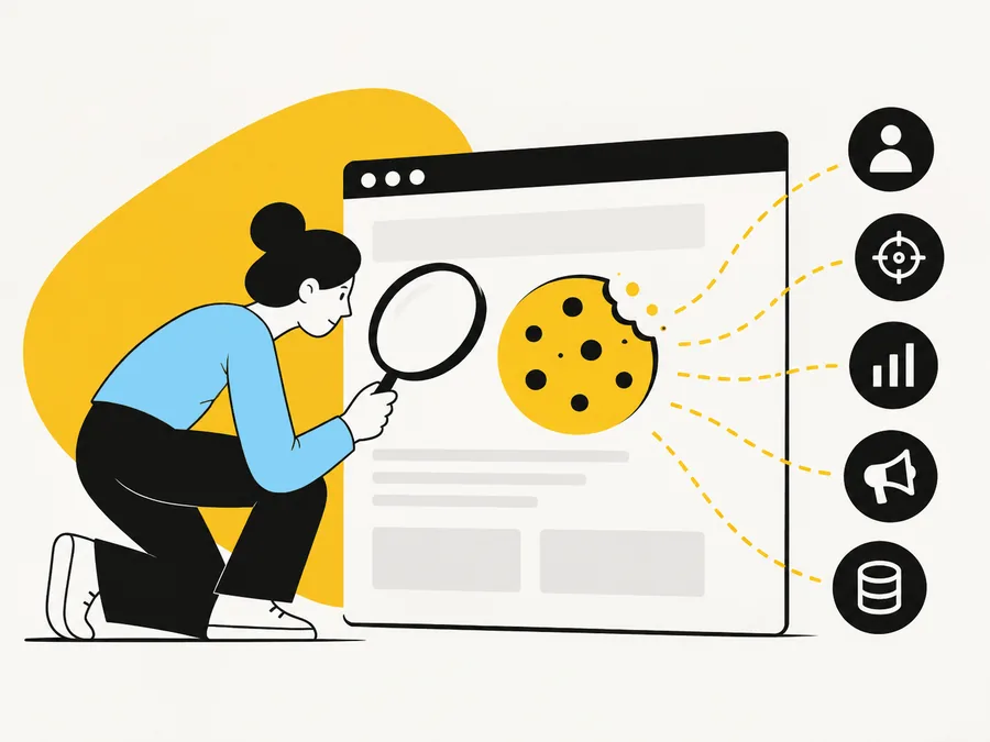 A person with a magnifying glass inspecting a cookie on a web page, with lines to the trackers behind it